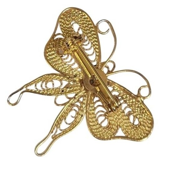 Vintage Mini Butterfly Pin Brooch  Gold Tone Filigree w/ Rhinestone 1.5" wide - Picture 3 of 3